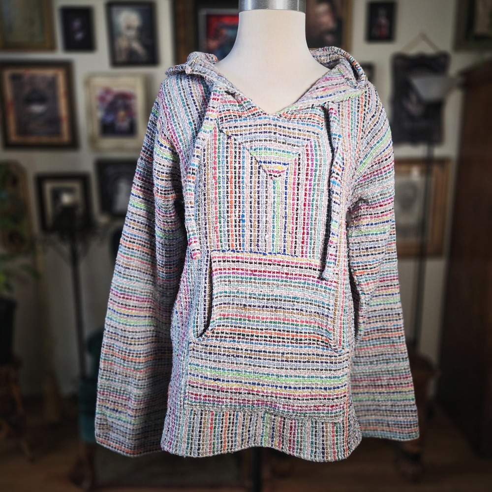 Artesanias Cliamatzi Baja Hoodie Mexican Drug Rug Woven Stripe Pullover Large L